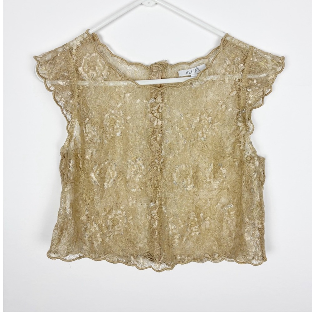 Delia’s Lace Top Gold Button Back Ruffle Sleeve Y2K Coquette Glam Size Large